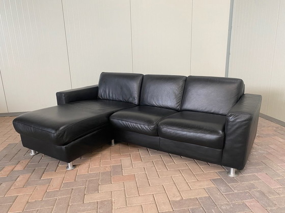 Image 1 of Magnifique canapé d'angle en cuir véritable noir