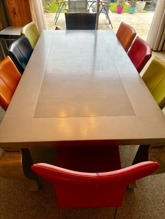 Image 1 of Zinc dining table with or without 8 leather chairs (Henders & Hazel) on wheels