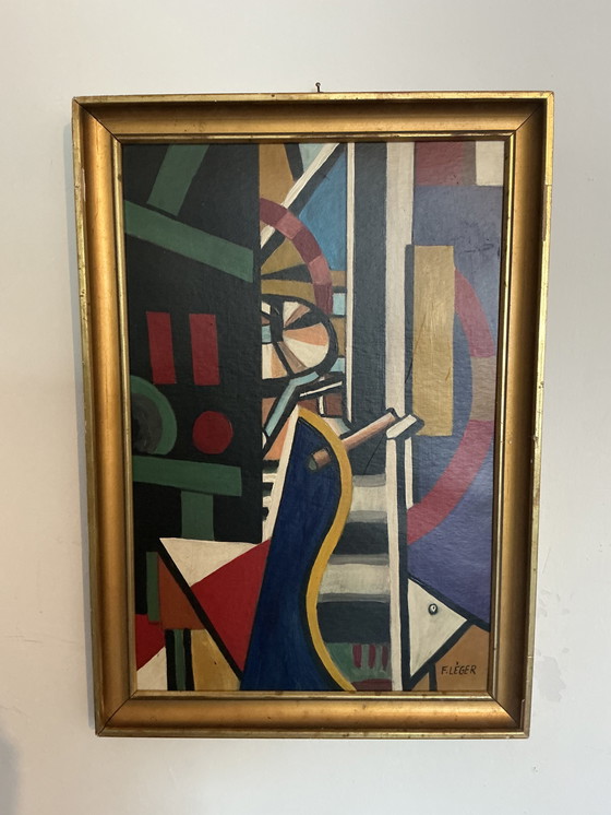 Image 1 of Dipinto astratto in stile cubista – Firmato – Olio su tela con cornice dorata