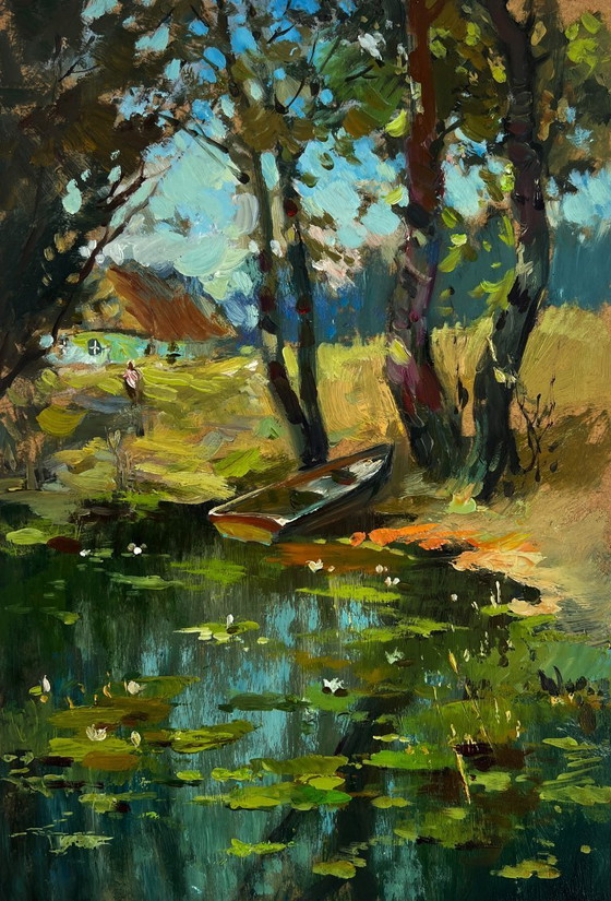 Image 1 of Original Oil Painting Summer Lake Landscape Fisherman's boat