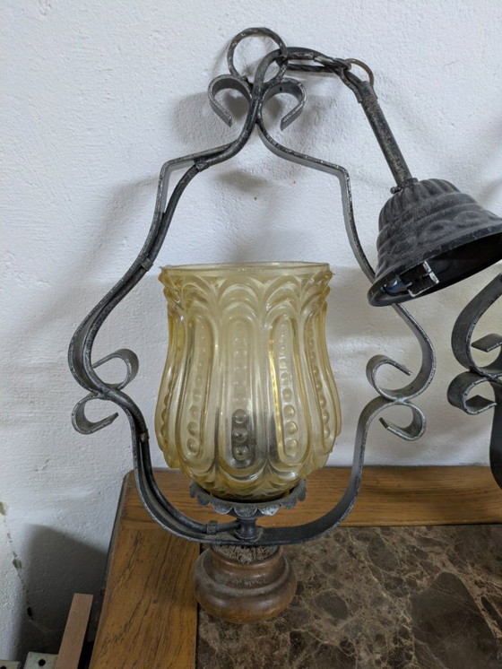 Lampada a sospensione in metallo e vetro ambrato, Lampade a sospensione, Grigio, Vintage (foto 4 di 5)