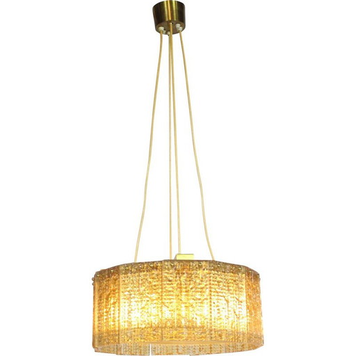Lampada a sospensione vintage in vetro dorato e ottone di Carl Fagerlund per Orrefors, 1960