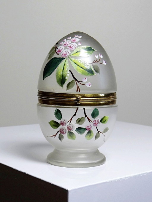 Antica scatola portauova in vetro smerigliato e smalto, XIX-XX secolo