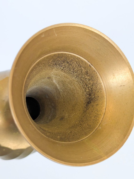 Vintage Solid Brass Trumpet-Shaped Pedestal Vase With Ribbed And Swirl Details (photo 12 of 15)