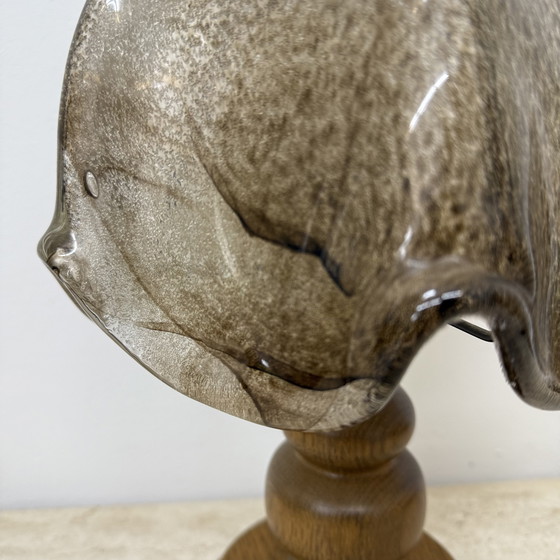 Image 1 of Vintage Brutalist Glass Table Lamp with Solid Oak Wooden Base, 1970s