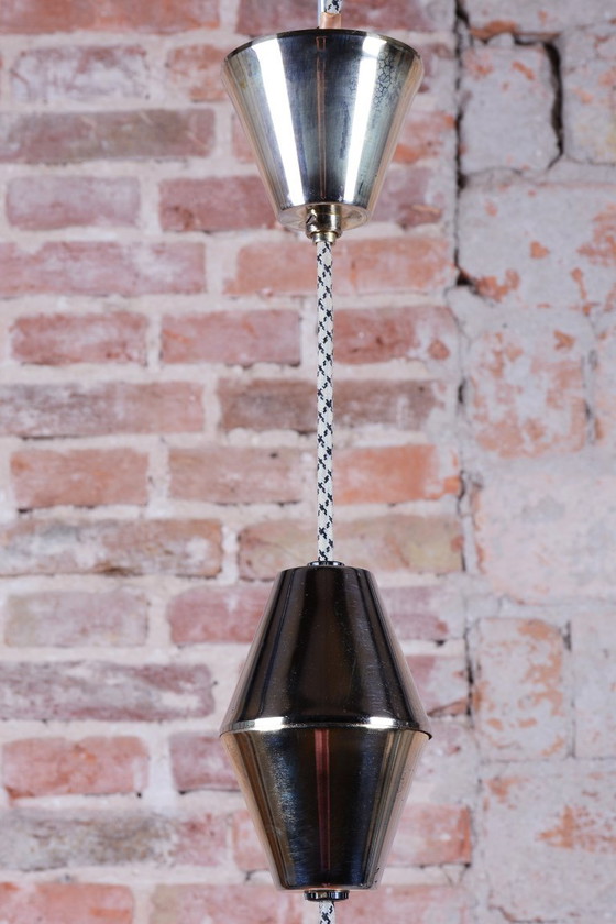 Restored Mid-Century Chandelier, Brass, Lacquered Steel, Czech, 1960s, Pendant lamps, Glass, Metal, Gold (photo 12 of 14)