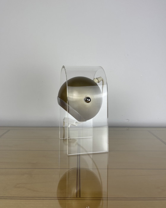 Image 1 of Plexiglass Eyeball Lamp, Sputnik design, 70s, Space Age, Table lmap, 1970s, Olive Gold Vintage Lamp with Plexiglass Stand, Spot