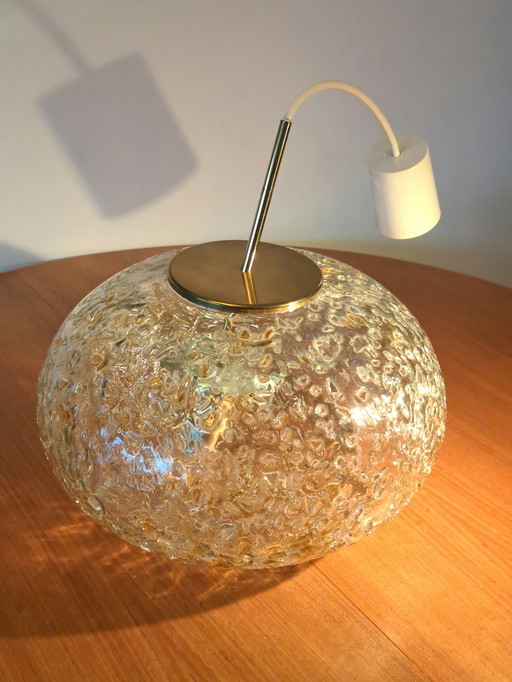 🟡 Doria Pendant Lamp 1970 – Oval Structured Glass Ø40 cm – Brass – Mid Century Vintage