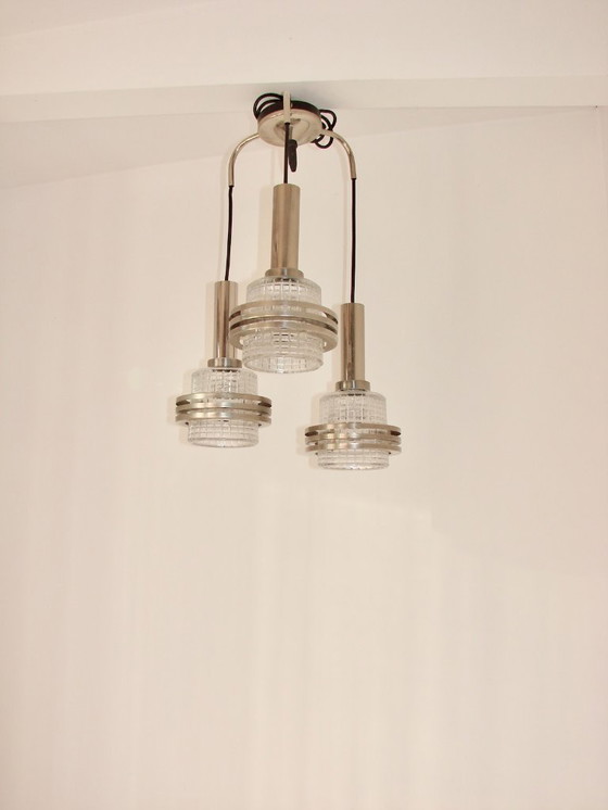 Image 1 of Moderne hanglamp, jaren 70, metaal en glas, 3xE27