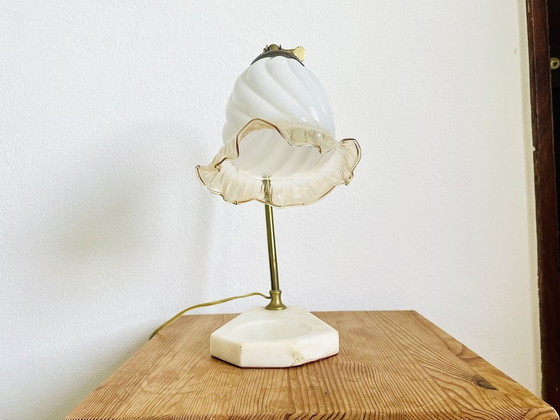 Image 1 of Elegant swan neck adjustable table lamp with marble base and glass tulip lampshade, 1960s