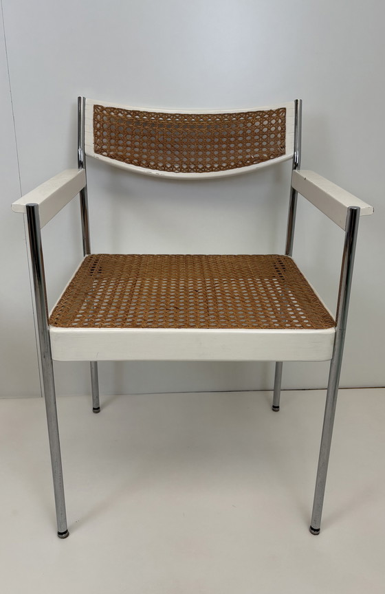 Image 1 of 2 x vintage armchair rattan/webbing chrome tube frame white wood