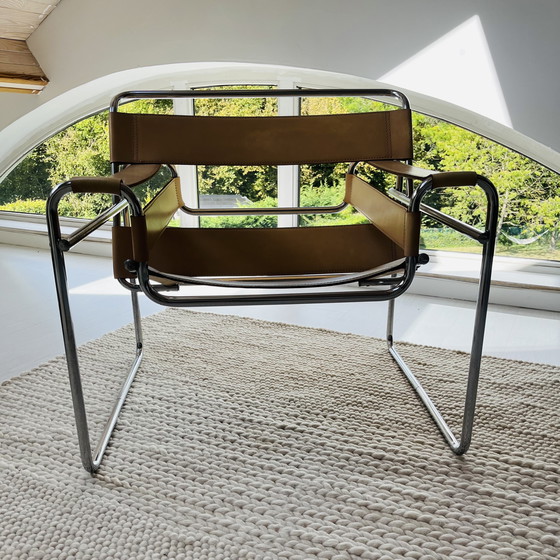 Image 1 of Vintage replica design stoel met tuigleer en buisframe - in redelijke staat