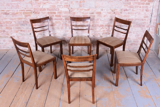 Set of Six Original Art Deco Chairs, Walnut, Revived Polish, Czech, 1920s, Dining chairs, Textile, Wood (photo 4 of 14)