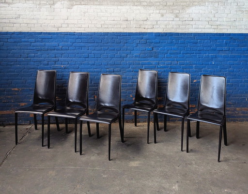 6x vintage Italiaanse eetstoelen- zwart leer- Ciacci Kreaty 