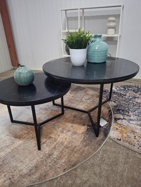 Image 1 of Ensemble de table basse chic avec plateau en marbre véritable et piètement en métal