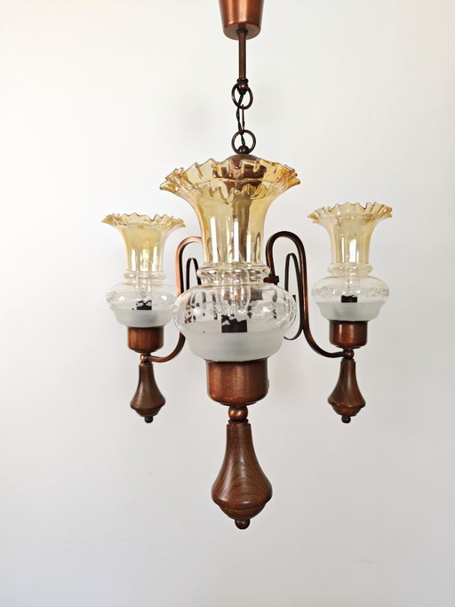 Vintage Amber Glass Chandelier / 1970s Yugoslavia Pendant Light / Mid Century Modern Ceiling Lamp / Wood & Copper Lighting 