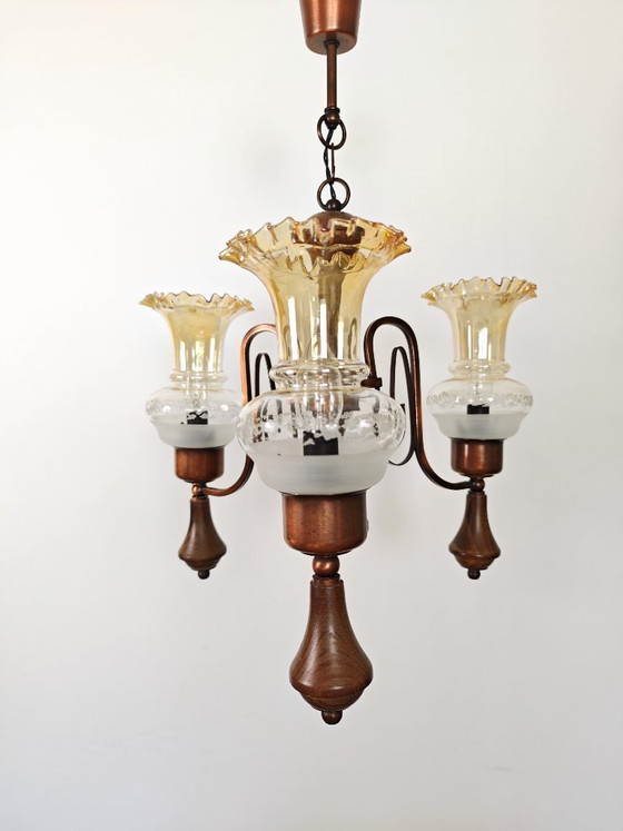 Image 1 of Vintage Amber Glass Chandelier / 1970s Yugoslavia Pendant Light / Mid Century Modern Ceiling Lamp / Wood & Copper Lighting 