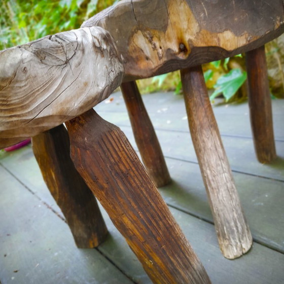 Image 1 of Pair of Brutalist tripod stools in grey pine. France, 50s