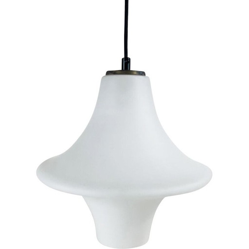 Lampe suspendue vintage en verre opale blanc et laiton par Lyfa, Danemark 1950