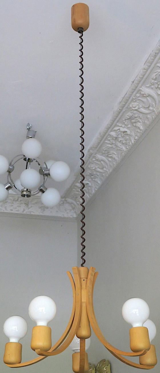 Domus Variable Height Chandelier with Five-Arms Denmark 1970s – Wood (photo 6 of 6)