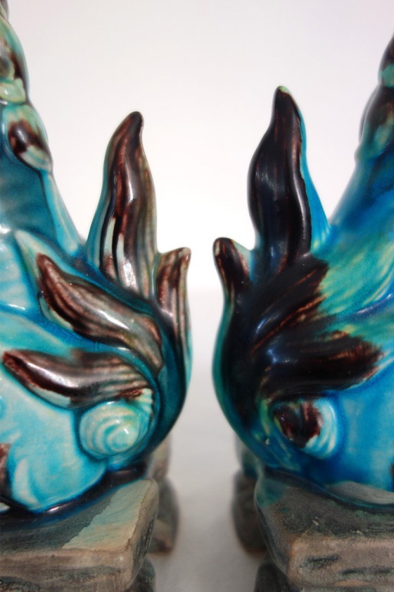 Image 1 of Pair of Japanese Komainu dogs in green and turquoise glaze ceramic, vintage