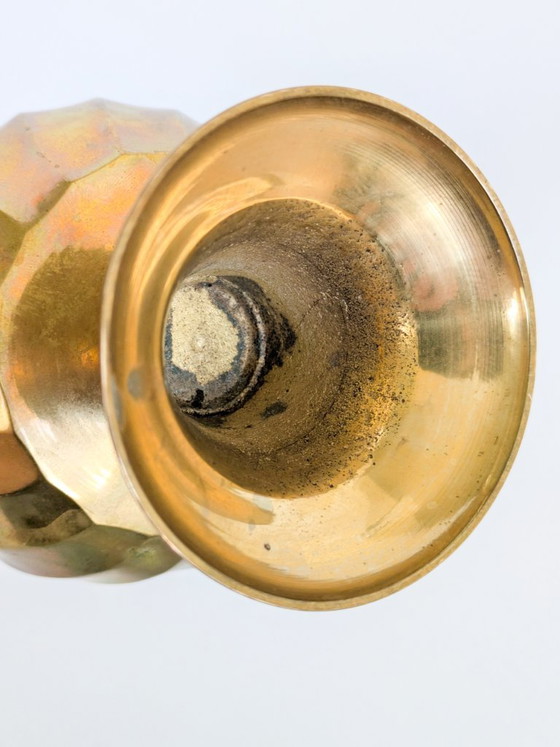 Vintage Solid Brass Trumpet-Shaped Pedestal Vase With Ribbed And Swirl Details (photo 13 of 15)
