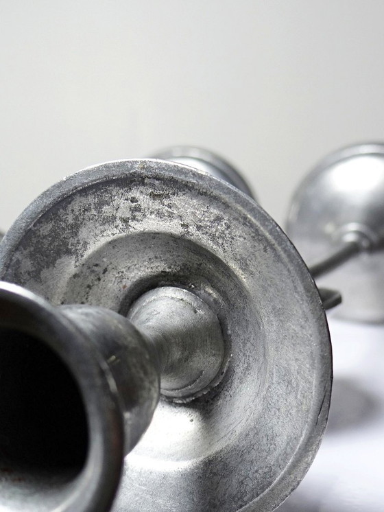 Image 1 of Pair of vintage mid-century silver-plated pewter Sun & Moon handcrafted candlesticks