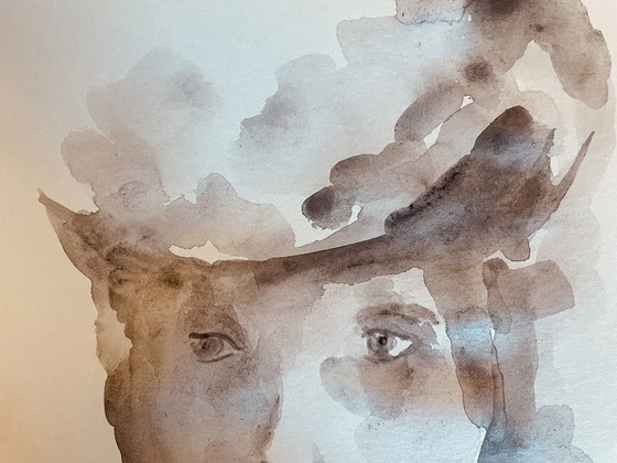 Image 1 of Pintura firmada en acuarela, monocromática, sepia, retrato femenino "Luz"