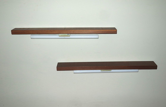 Image 1 of Pair of Danish Teak Narrow Shelves with Wall Lights, 1960s
