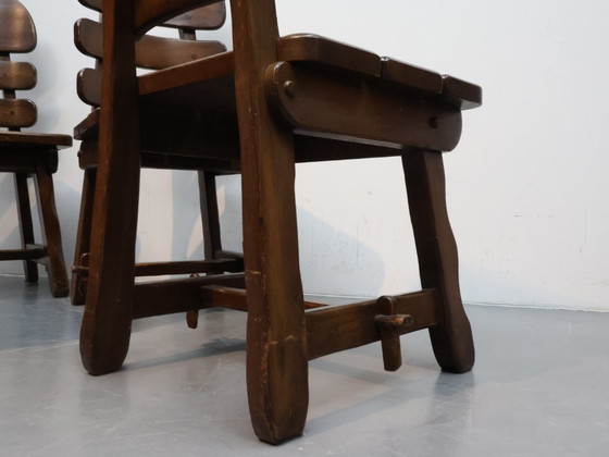 Image 1 of Brutalist fishbobe chairs set van 4 massief eikenhout