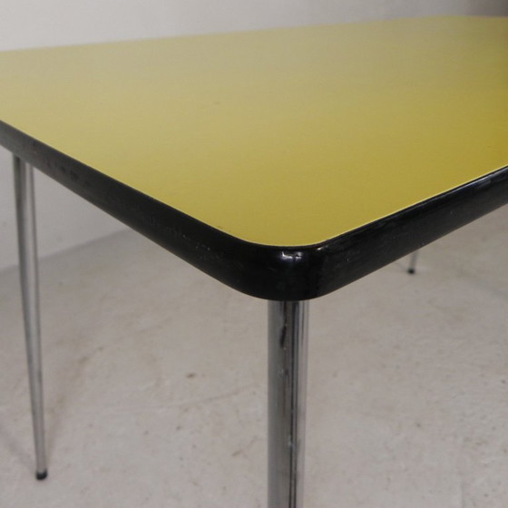 Vintage Formica table, desk with 2 drawers 1950s, Metal, Wood, Yellow (photo 12 of 15)
