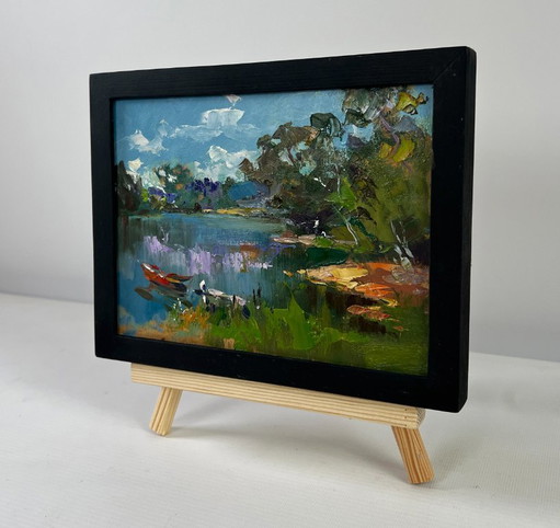 Original Oil Painting Summer Nature Landscape River with boats along the shore