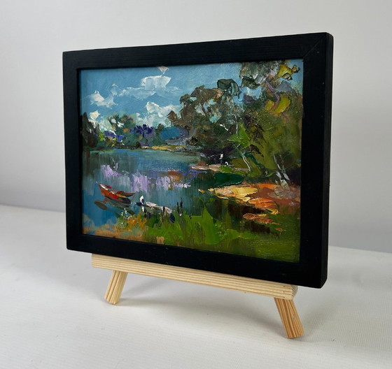Image 1 of Original Oil Painting Summer Nature Landscape River with boats along the shore