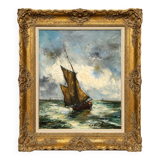 J.J. Coulon. "Marine Landscape." Oil on canvas. – schilderijen tekeningen, Mid Century Modern