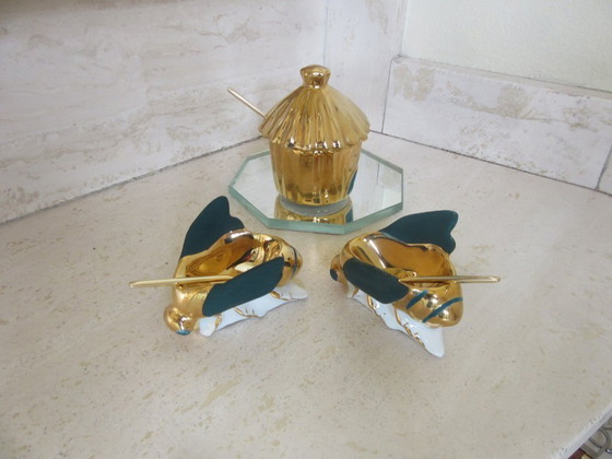 Image 1 of Limoges R. Montigny Porseleinen Kruidenset 4-delig Zout Peper Mosterd Spiegel Honing Bijen