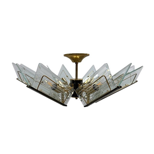 Lampadario vintage in ottone e vetro inciso di Massive