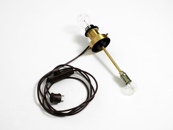 Image 1 of Grote, elegante, zeer zeldzame Putzler tafellamp uit 1970 met verlicht glazen lamphuis en kap van gouden dupionzijde