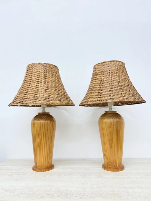 Vintage Ikea solid wooden table lamps with rattan shade , 1980’s