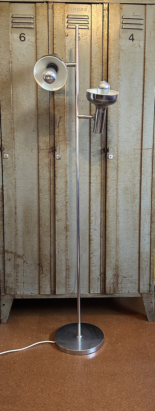 Lampadaire chromé style Space Age – design années 70, hauteur 161 cm, grands spots orientables