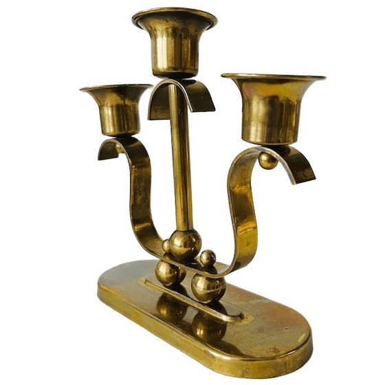 Image 1 of Candelabro antiguo Art Déco de latón de tres brazos, década de 1920.