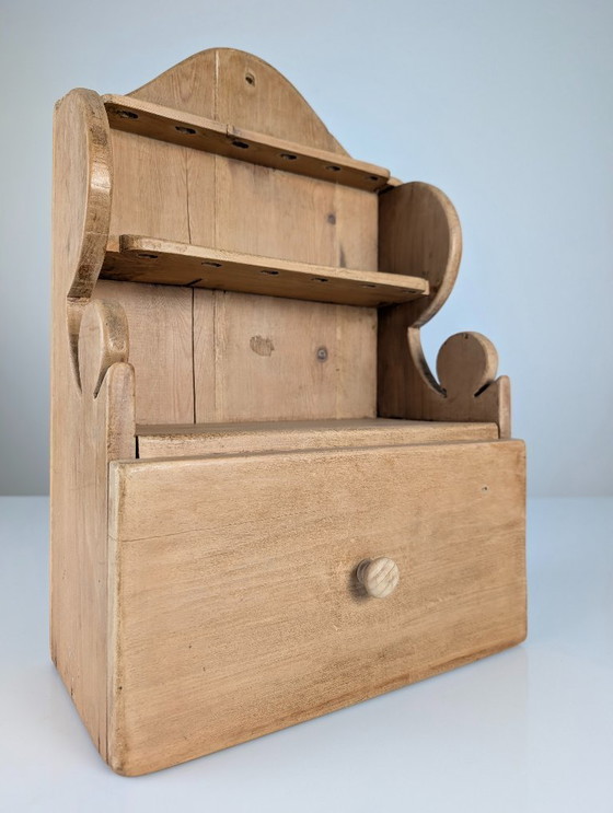 Image 1 of Hand-Carved Folk Art Pine Cutlery Rack with Drawer, 1950s