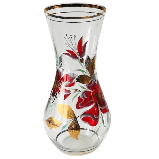 Vaso in vetro Art Déco con gigli dipinti a mano in rosso e oro, anni '30