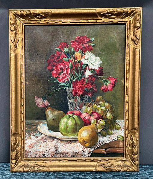 Old painting “Still life with flowers and fruit”. – schilderijen tekeningen, Canvas (photo 2 of 7)