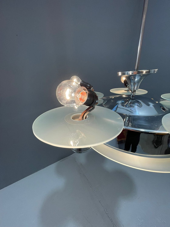 Image 1 of 1930s Art Deco Chrome Chandelier with Frosted Glass Disc Shades – Czech Vintage Lighting