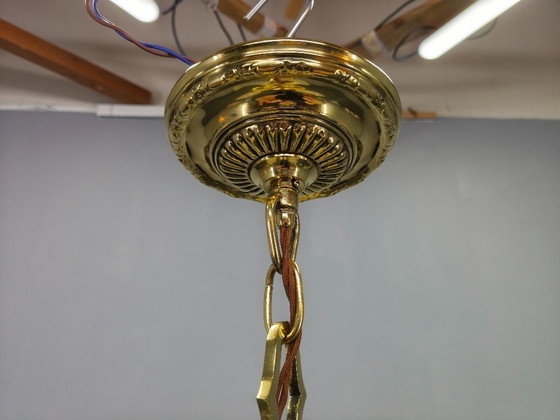 Image 1 of Art Deco kroonluchter van messing en opaalglas, Tsjechoslowakije