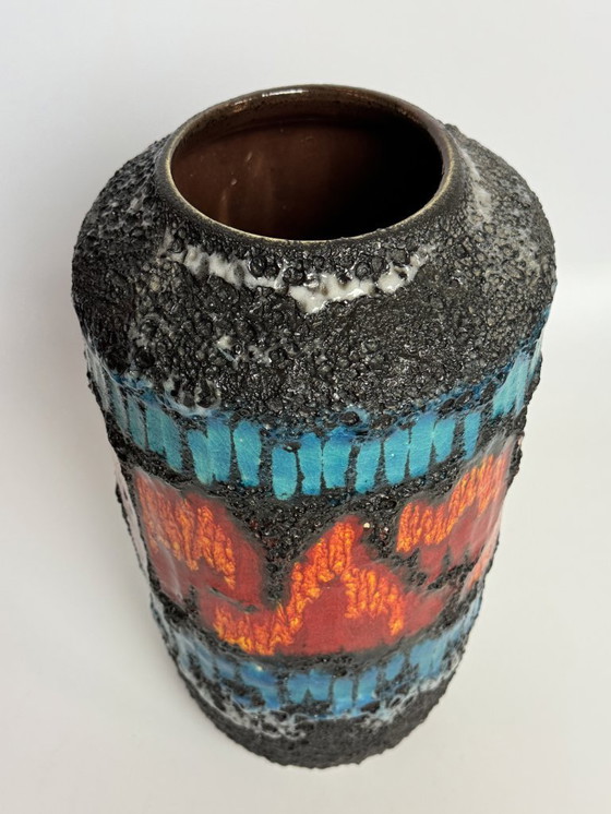 Image 1 of Large Ceramic Black Fat Lava Vase with Brilliant Azur Blue and Orange Enamel Accents, West Germany 1970s.