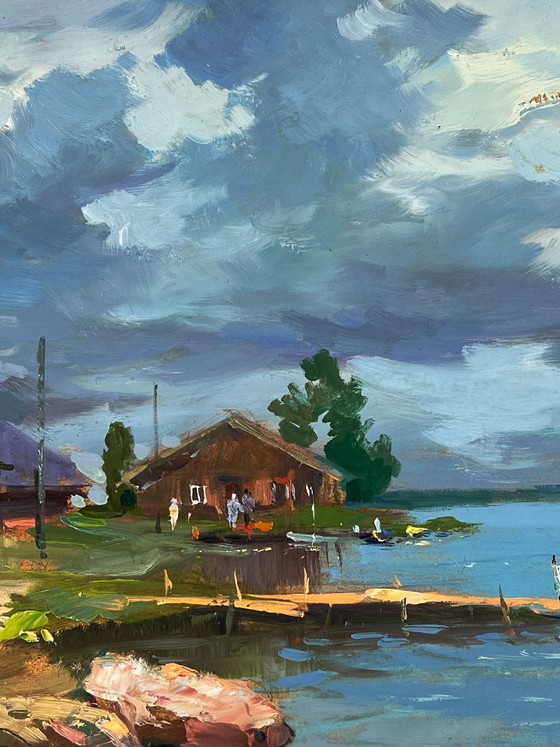 Image 1 of Peinture à l'huile originale : Paysage rural, maisons de village près de la rivière