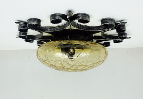 Image 1 of outstanding 1970's modernist brutalist wall lamp SCONCE wrought iron and amber glass