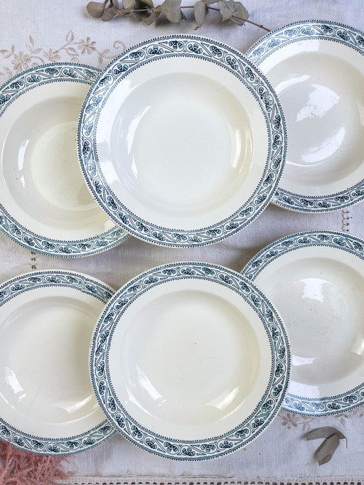 6 Boulenger Soup Plates Vintage Terre de Fer Bleu Model Champigny 19th century