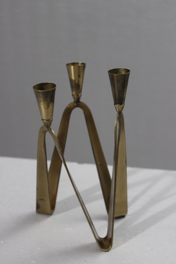 Image 1 of Vintage brass three-light candlestick, modernist design, 1950s